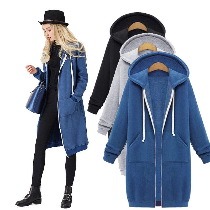 Autumn Large Size Coat Loose Mid-length Trench Veet Hoodie Women Hooded Sweater Dress