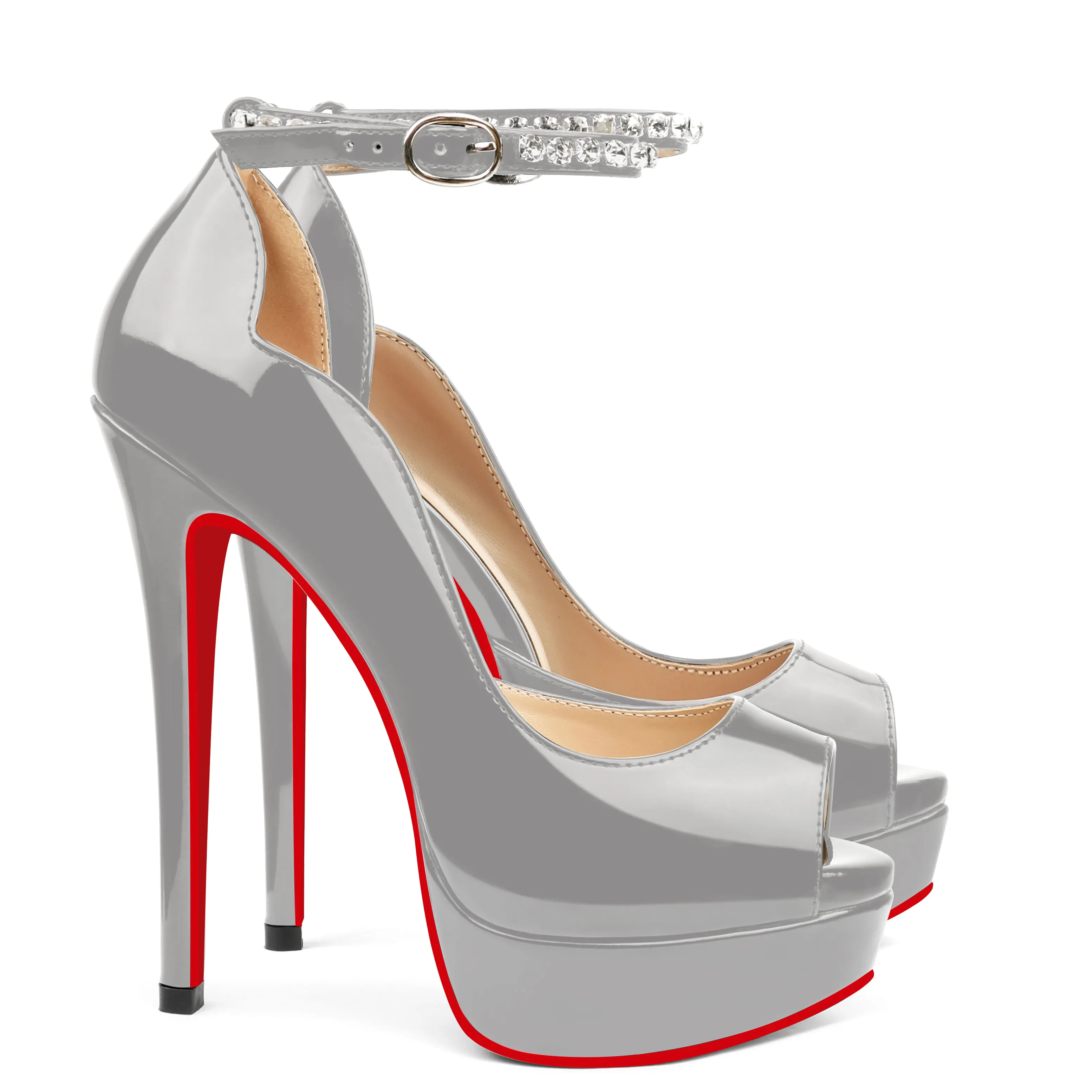 150mm Red Bottom Stiletto Party High Heel Open Toe Platform Diamond Strap Pumps-vocosishoes