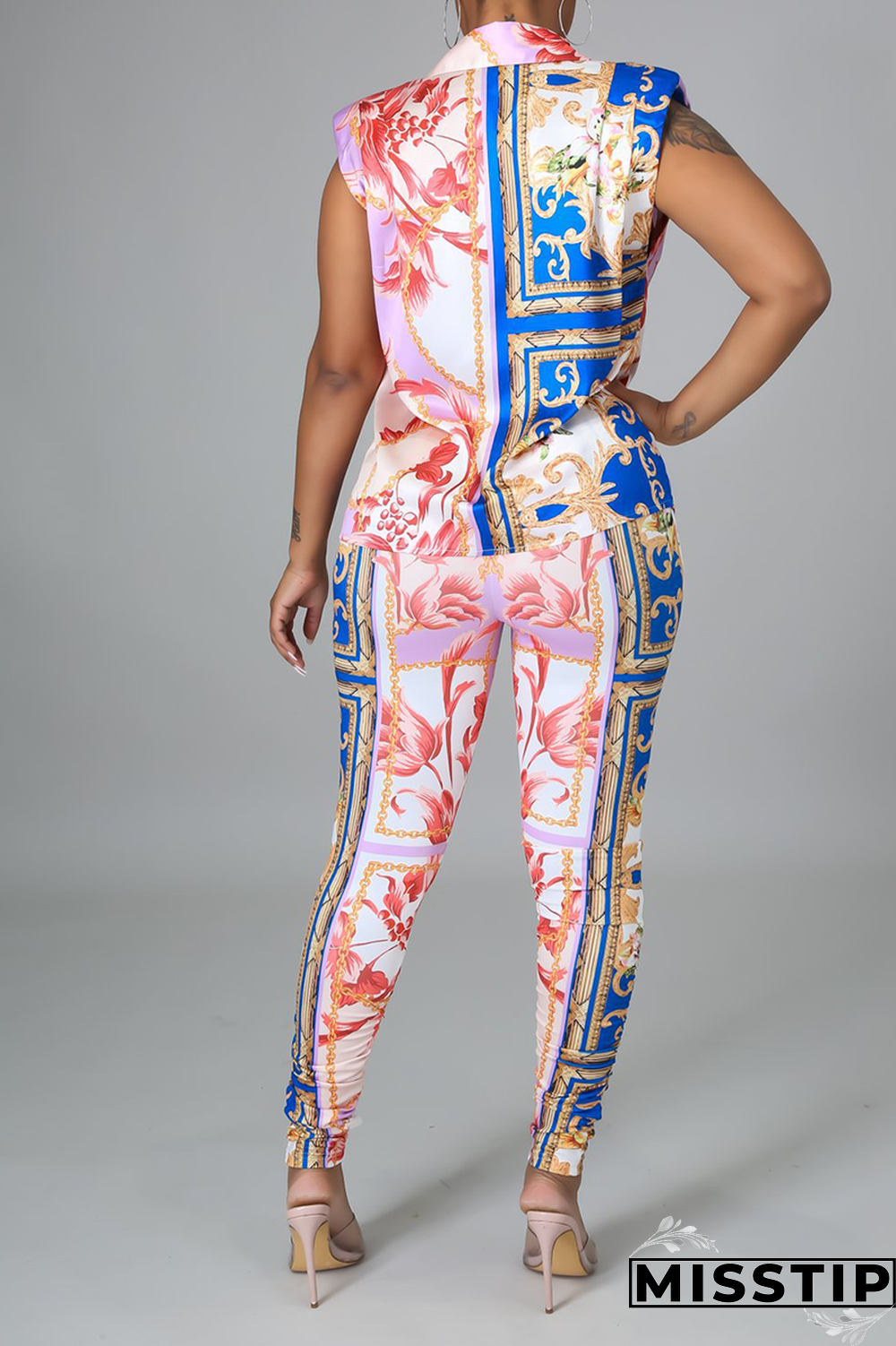 Blue Sexy Print Patchwork Turndown Collar Sleeveless Two Pieces