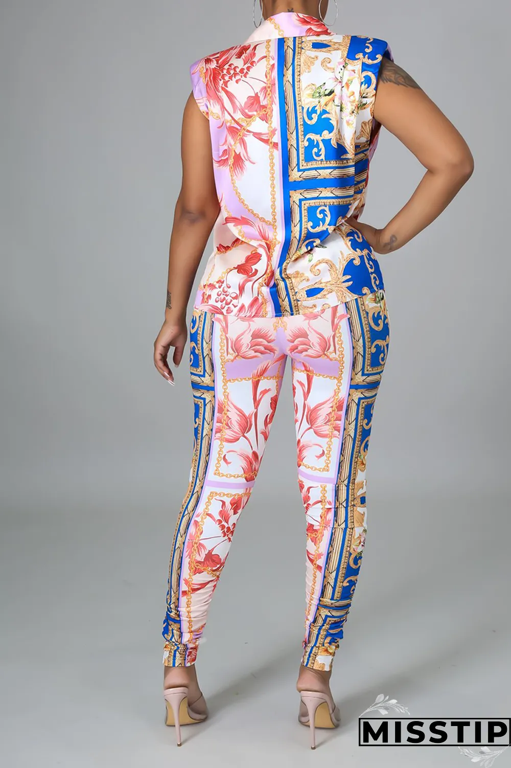 Blue Sexy Print Patchwork Turndown Collar Sleeveless Two Pieces