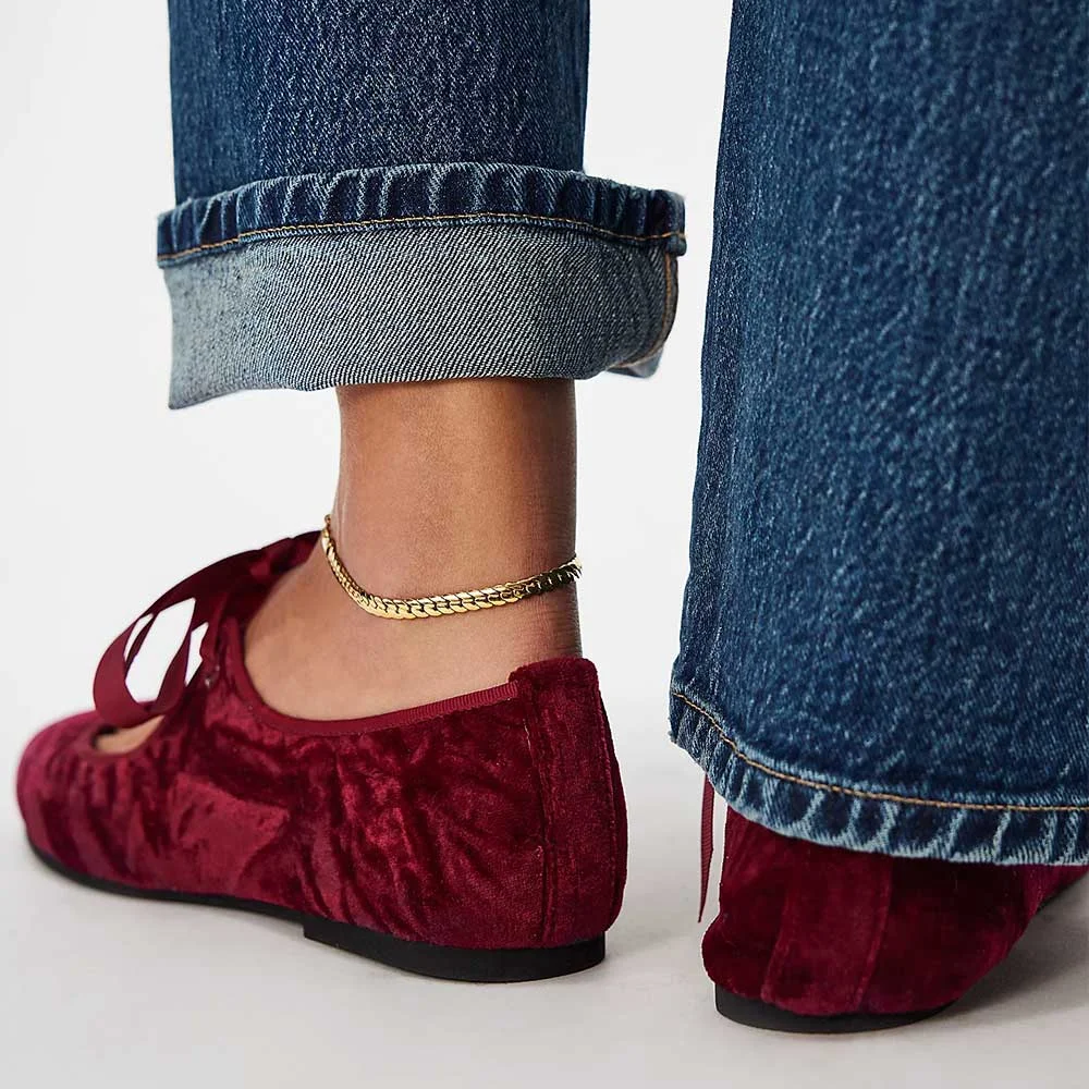 YDN Elegant Burgundy Velvet Round Toe Lace-Up Ballet Flats