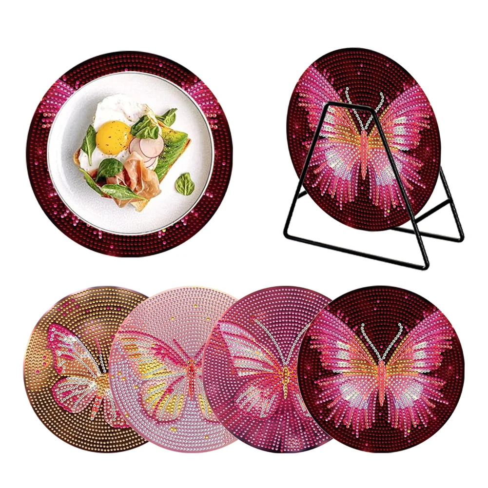 4 PCS DIY Fancy Butterfly Acrylic Diamond Painted Placemats with Holder