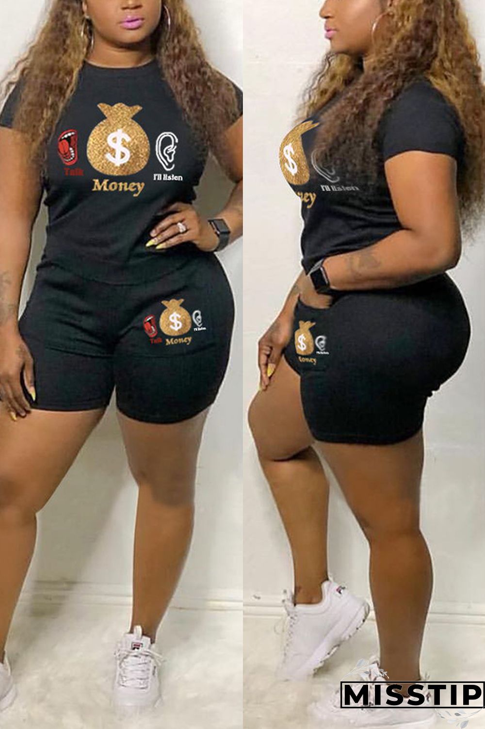 Black Leisure Sports Letter Print Two-piece