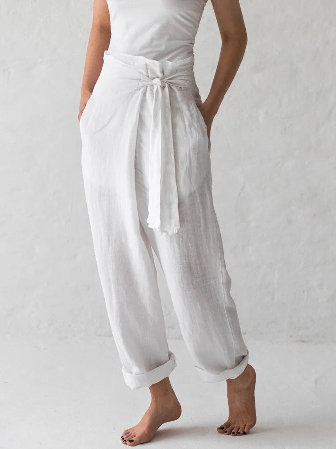 White Cotton Linen Lace Up Casual Pants