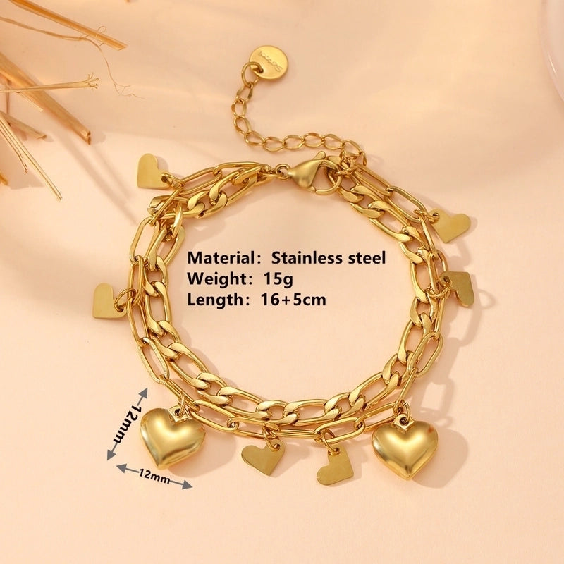 Elegant Heart Shape Titanium Steel 18K Gold Plated Beaded Chain Cable Chain Bracelets In Bulk