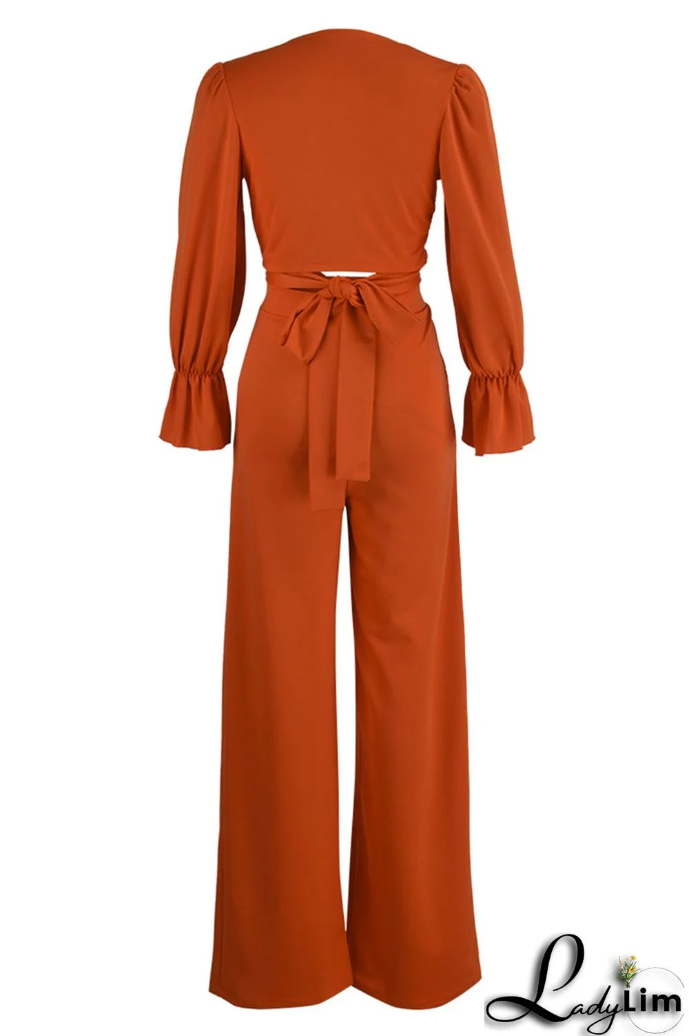 Tangerine Casual Solid Patchwork V Neck Long Sleeve Two Pieces