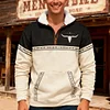 💥 2025 Hot Sale!Men's Western Fleece Jacket Cowboy Bull Head Print Pullover 1/4 Zip Stand Collar LongSleeve Sweatshirts