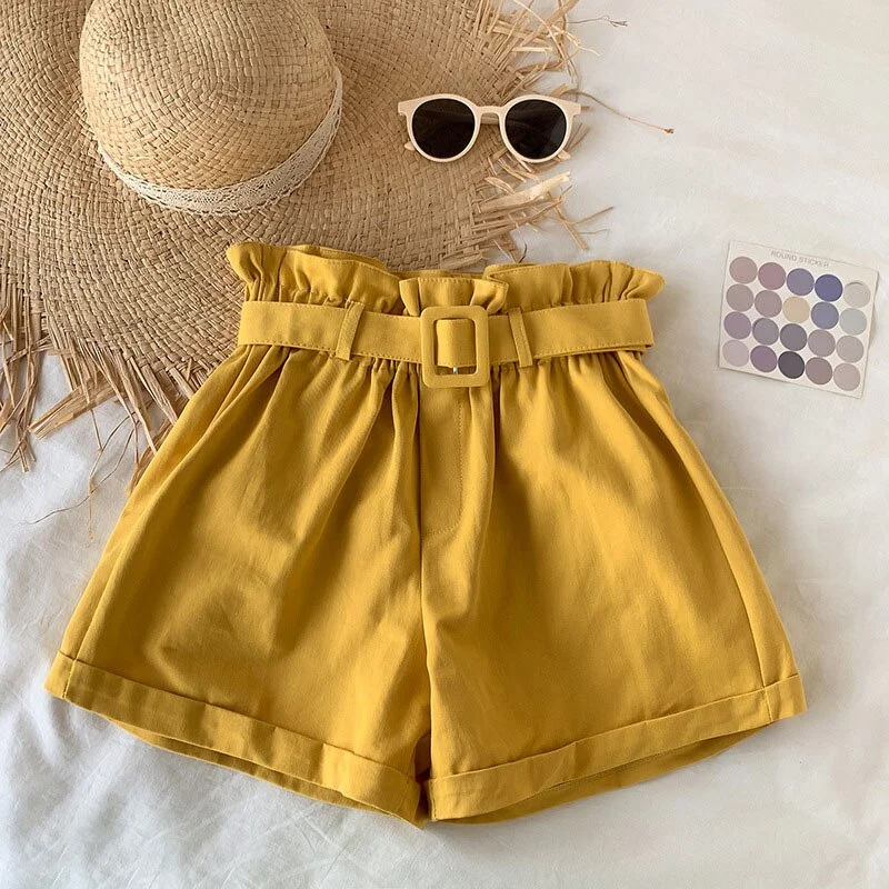 Women Casual High Waist Loose Cotton Short Pants 2022 Summer Elegant Sweet Girls All-Match Wide Leg Shorts With Belt Korean