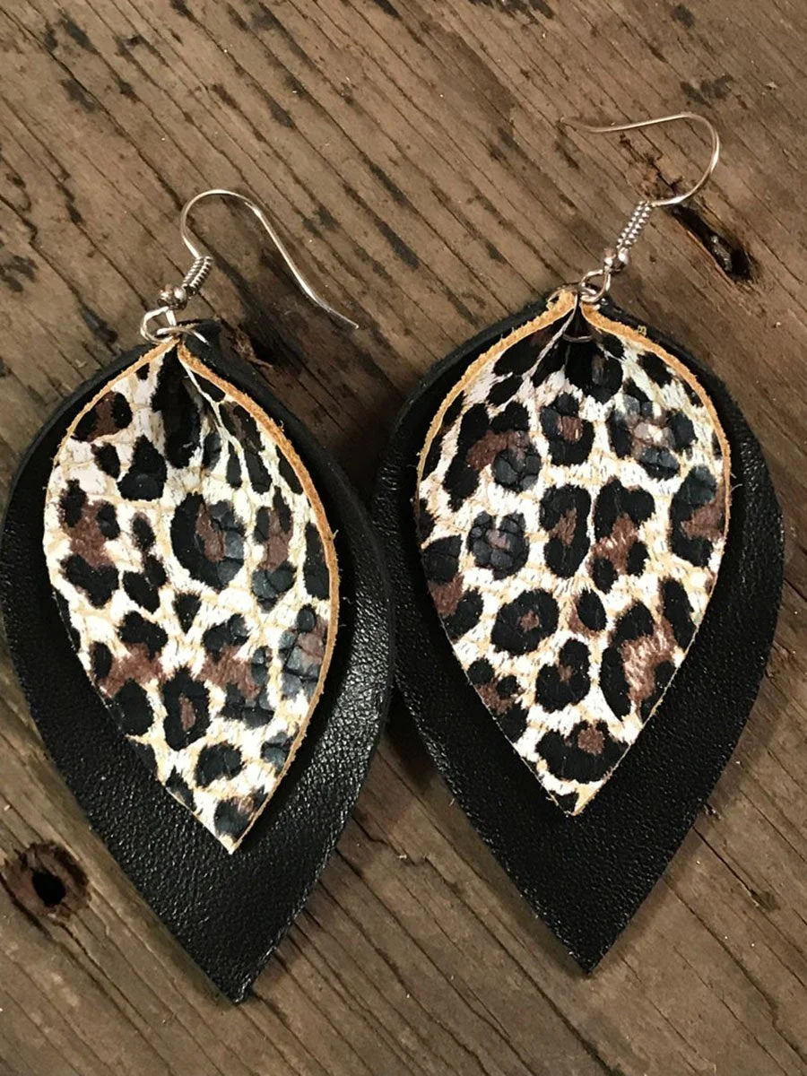 Black and Leopard Leather Earrings