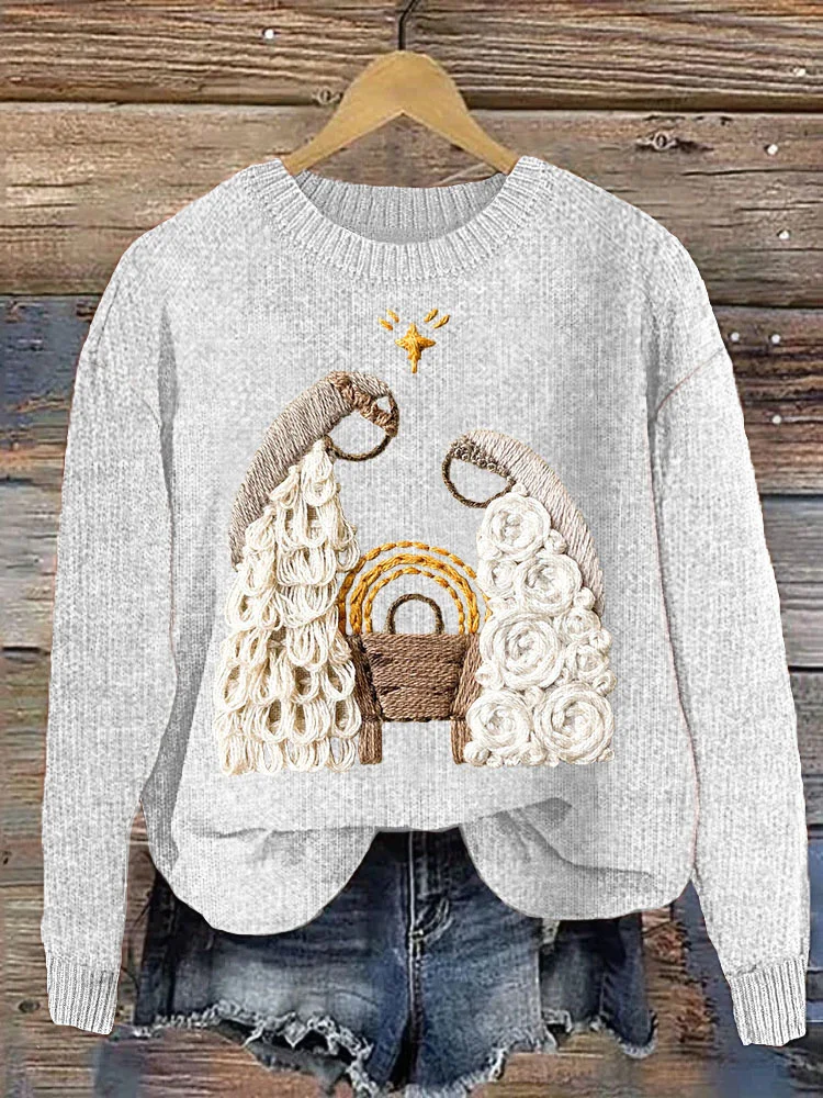 VChics Christmas Nativity Embroidery Art Casual Cozy Knit Sweater