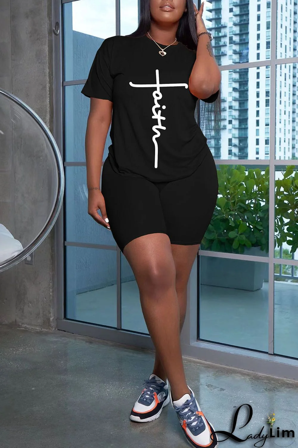 Grey Casual Print Split Joint O Neck Short Sleeve Two Pieces