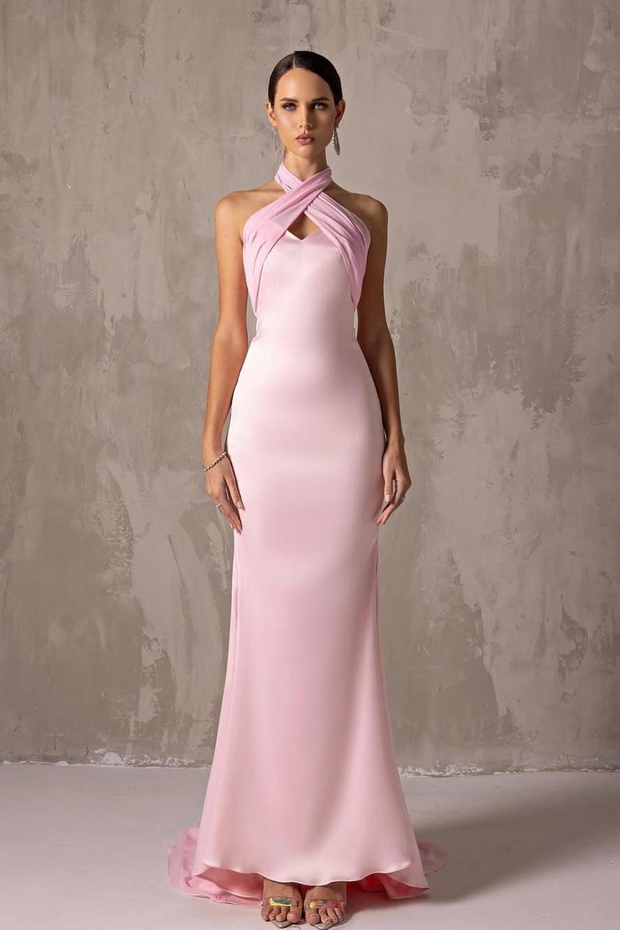 Elegant Satin Blushing Pink Halter Sleeveless Long Prom Dress with Pleated | MS0541  