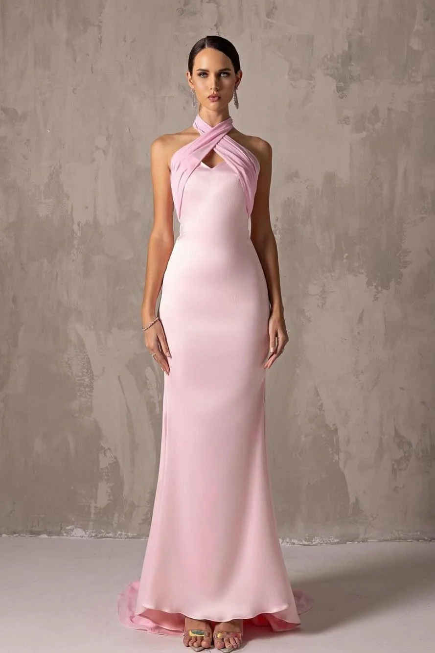 Miabel Elegant Blushing Pink Satin Halter Sleeveless Long Prom Dress with Pleated 