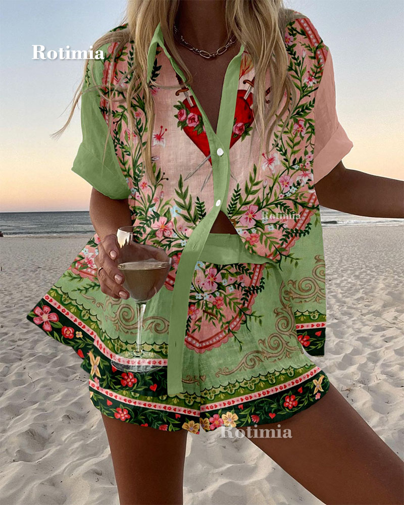 Holiday Love Print Shirt & Shorts Two-Piece Set