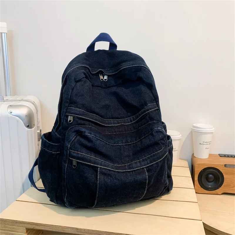 Pongl Pongl Kong Style Retro Art Denim Backpack Women's 2024 New Simple Leisure Large-Capacity Backpack Travel Backpack