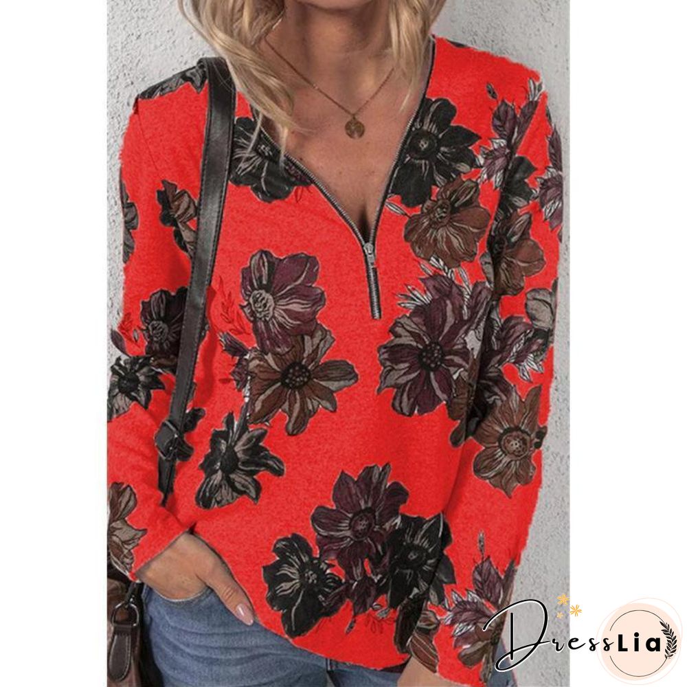 Zipper Flower Printed Long Sleeve Shirt