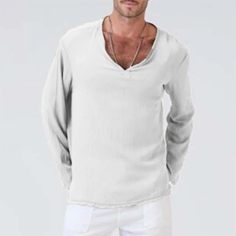 Smiledeer New linen loose men's V-neck solid color long-sleeved t-shirt