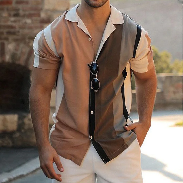Contrast Color Lapel Streetwear Short-Sleeved Tops Men's Shirts at Hiphopee