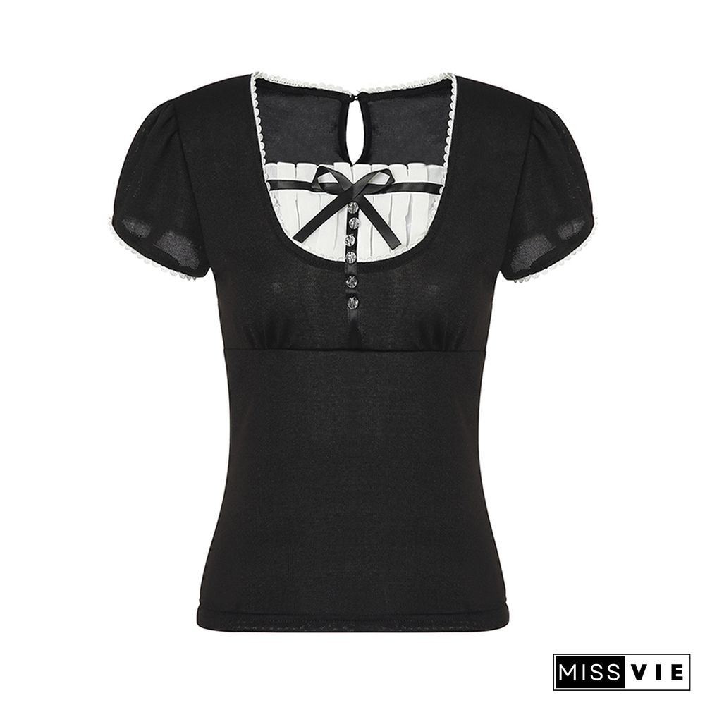 Summer Vintage Bow Ruffle Patchwork T Shirt Y2k Women Grunge Square Neck Aesthetic Korean Short Sleeve Crop Tops