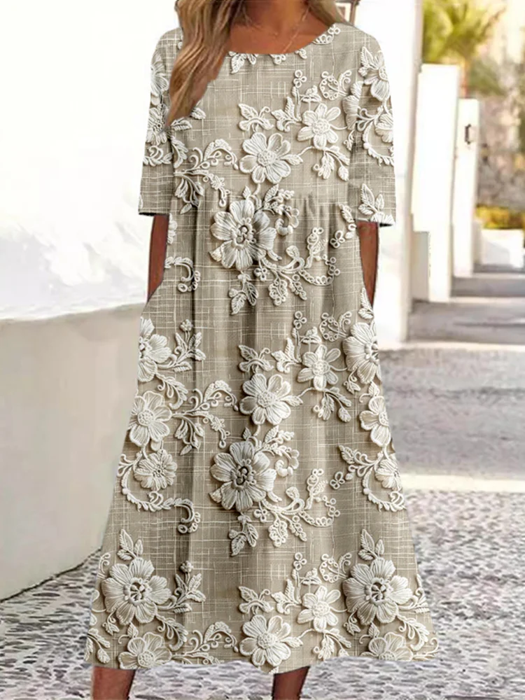 Vintage Floral Lace Embroidered Linen Blend Maxi Dress