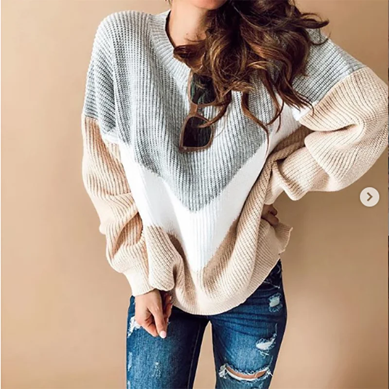Wongn Wongn 2023 Ladies Splice Color Long Sleeved Round Neck Top Sweater Knit Jumper