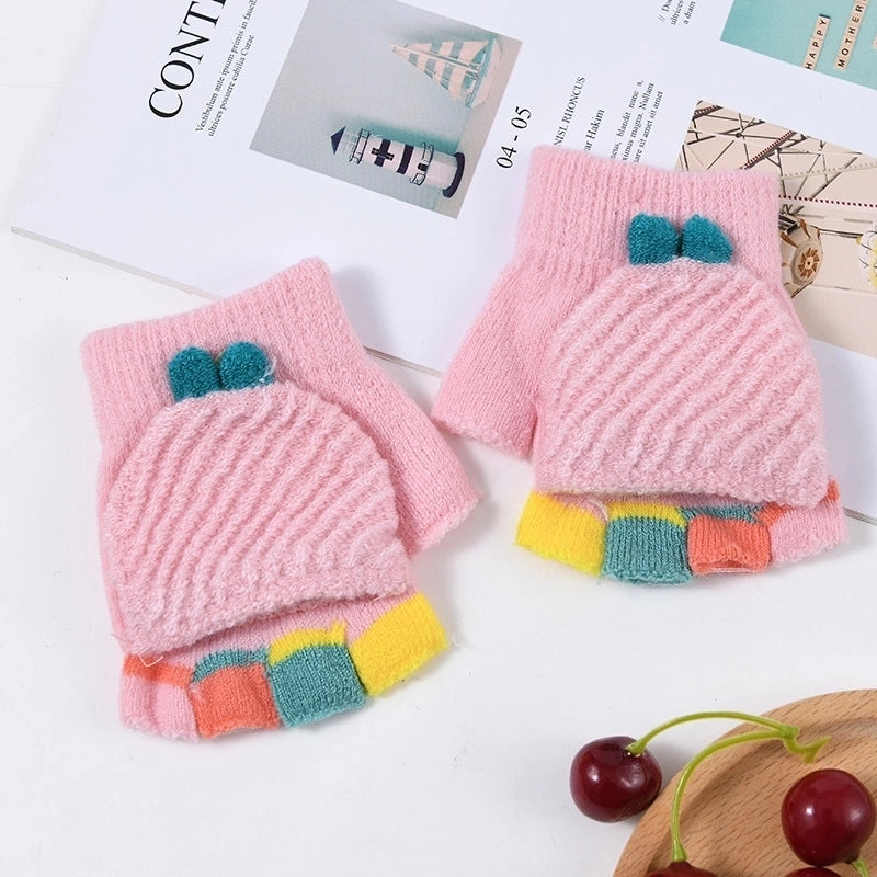 Autumn And Winter Children's Flip Knitted Gloves Half Finger Dual-purpose Boys And Girls Cute Warm Exposed Fingers Children Students2