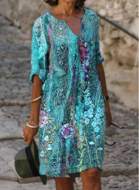 Older Women Floral Tunic V-neck A-line Dress