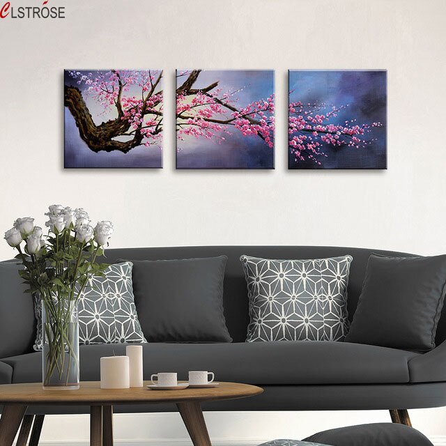 CLSTROSE Canvas HD Prints Pictures Wall Art 3 Pieces Pink Plum Blossom Poster Modular Peach Blossom Home Decor For Living Room