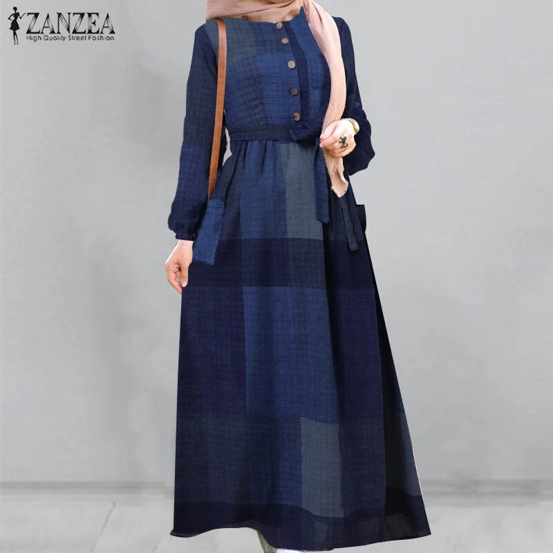 Retro Floral Printed Maxi Dress Women's Autumn Sundress 2022 ZANZEA Muslim Dresses Female Belted Oversized Long Vestido Robe