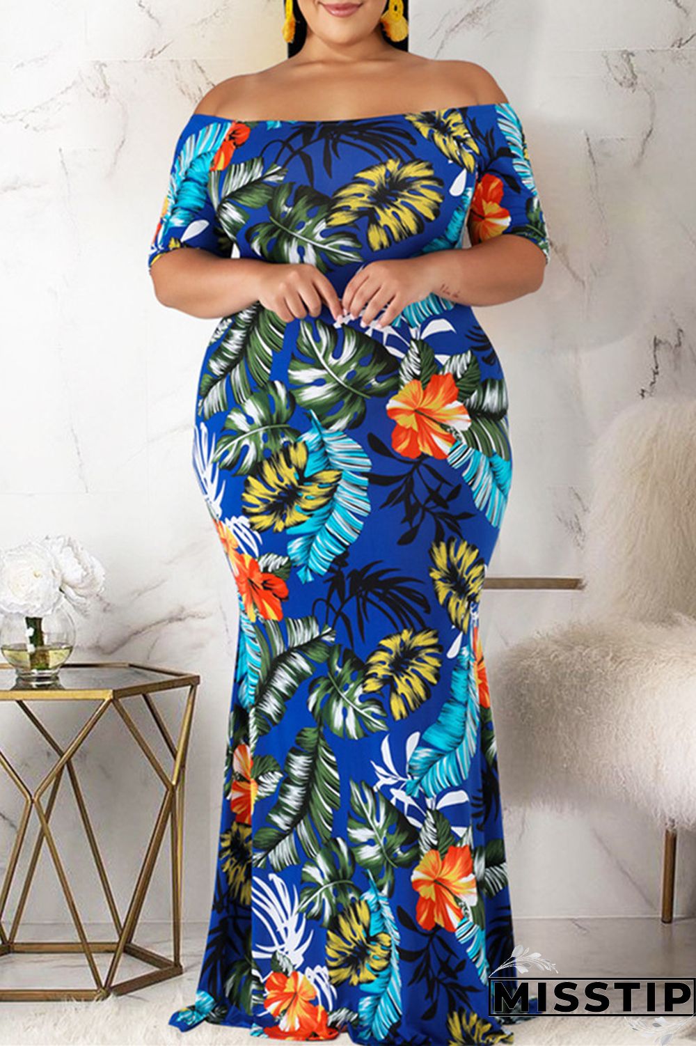 Blue Fashion Casual Plus Size Print Patchwork Off the Shoulder Long Dress