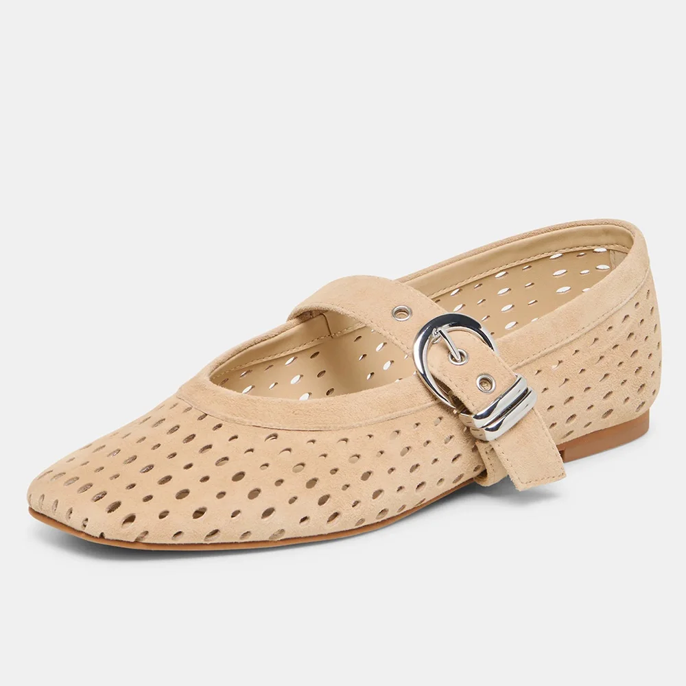 Beige Square Toe Perforated Buckled Flat Mary Jane Shoes for Women