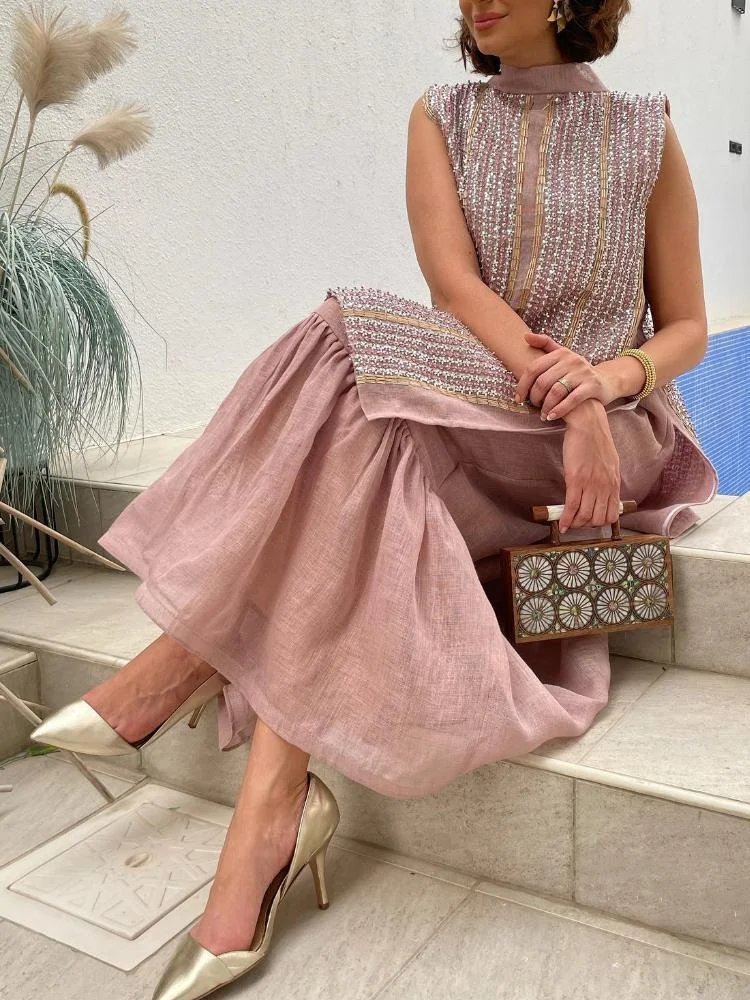 High neck sleevess pink maxi kaftan dress  فساتين