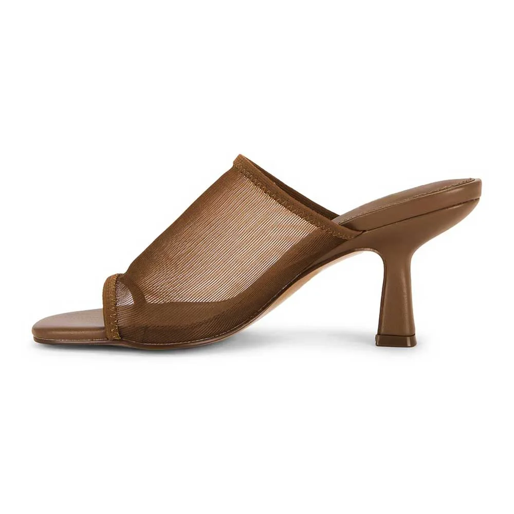 Brown Mesh Square Toe 3 Inch Heels Slip On Sandals for Women