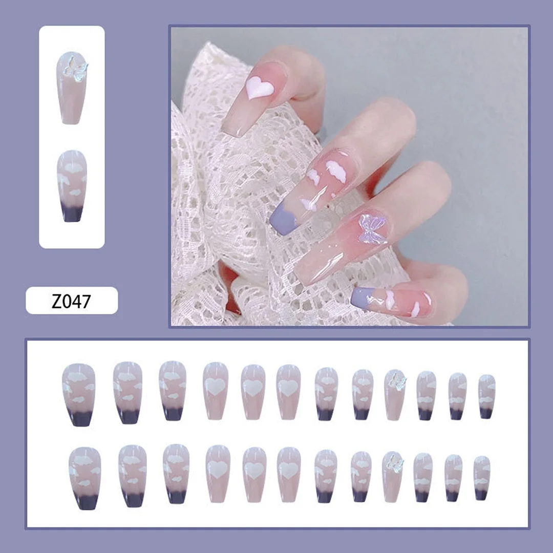 24Pcs French False Nails with Butterfly Rhinestone Designs Long Coffin Artificial Fake Nails Press on Nails With Glue Manicure 515-1-Nail Inspo