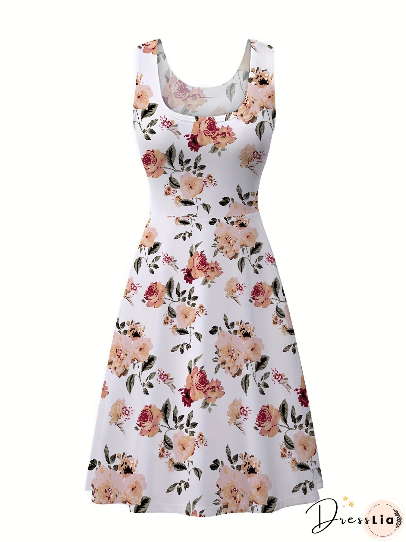 Plus Size Elegant Dress, Women's Plus Floral Print Round Neck Medium Stretch Tank Dress