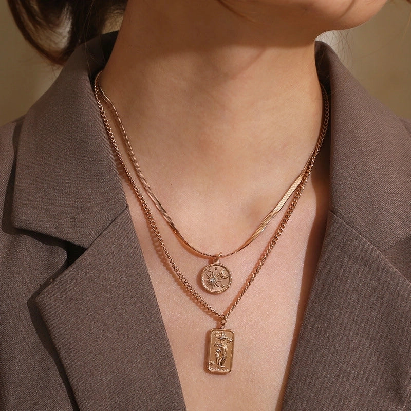 Retro Geometric Star Titanium Steel Zircon 18K Gold Plated Plating Inlay Layered Necklaces