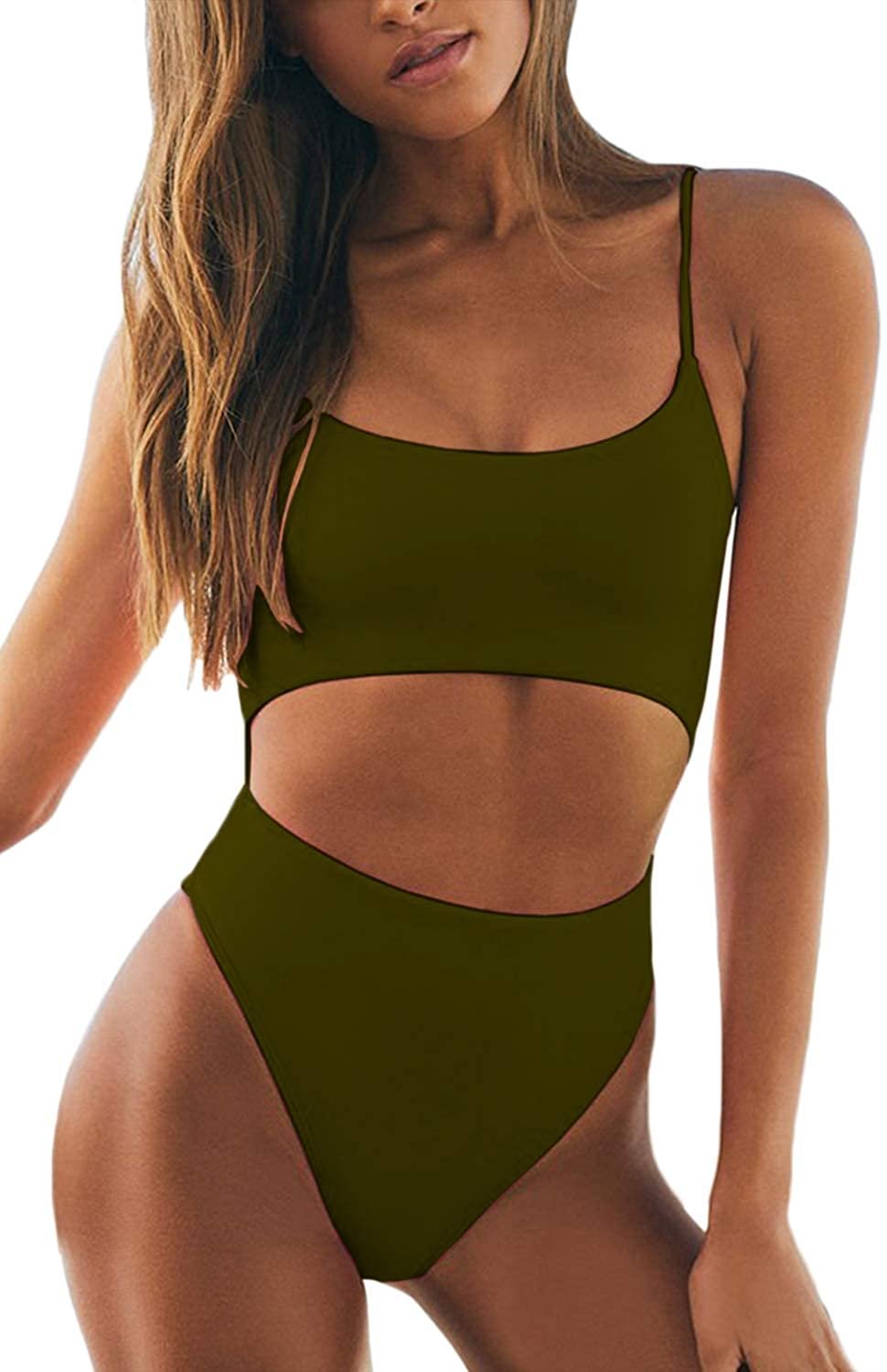 Womens Scoop Neck Cut Out Front Lace Up Back High Cut Monokini One Piece Swimsuit