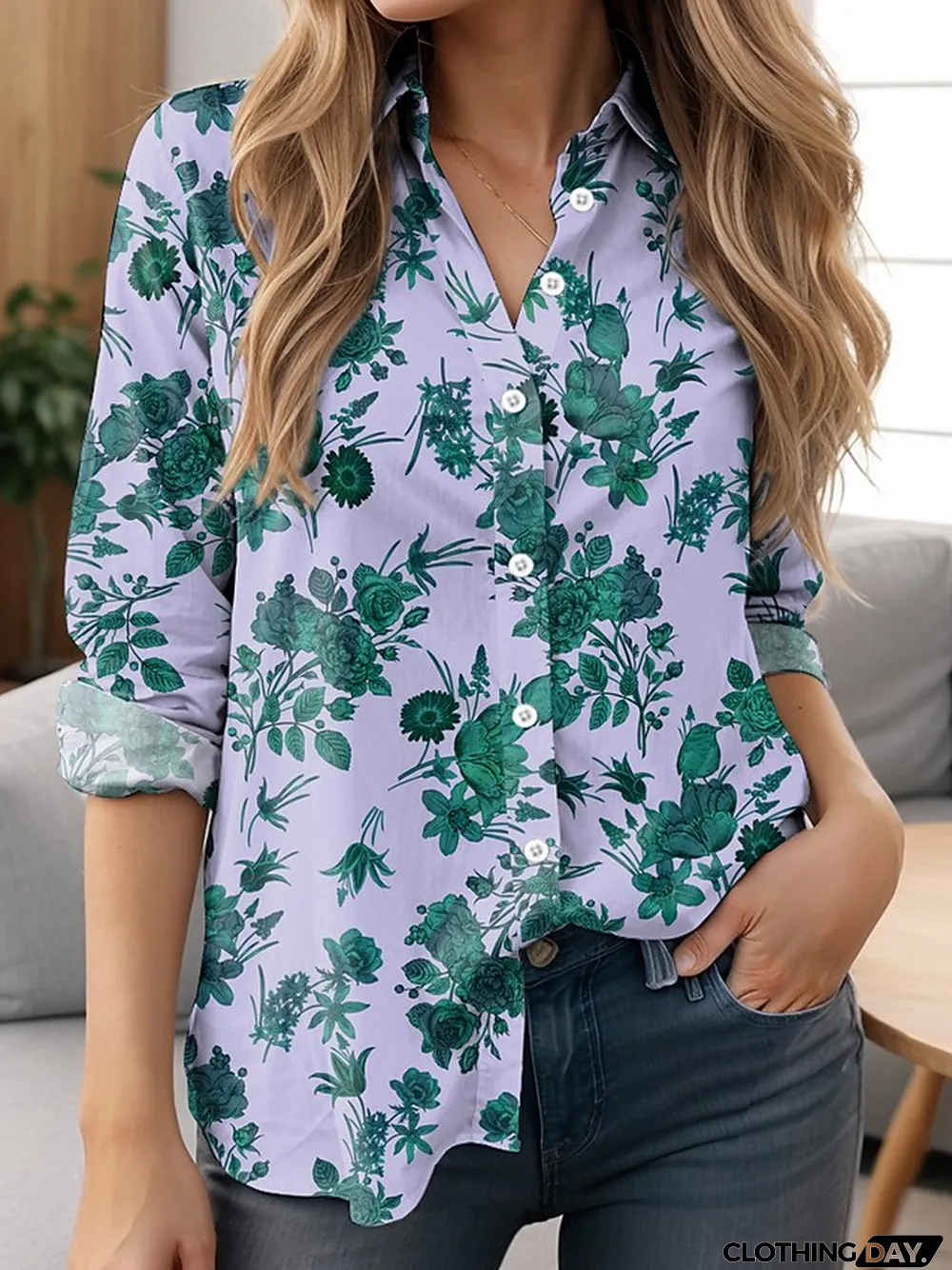 Women's Shirt Blouse Floral Casual Holiday Pink Red Blue Print Button Long Sleeve Fashion Shirt Collar Regular Fit Spring & Fall