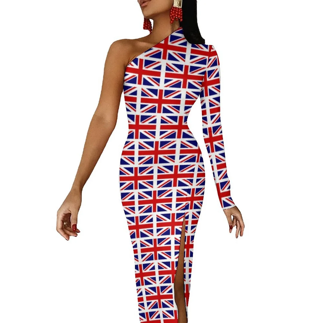 British Union Jack Uk Flag Or Workout Women One Shoulder Split Dress Sexy Bodycon Flowy Mermaid Party Maxi Party Club Dresses