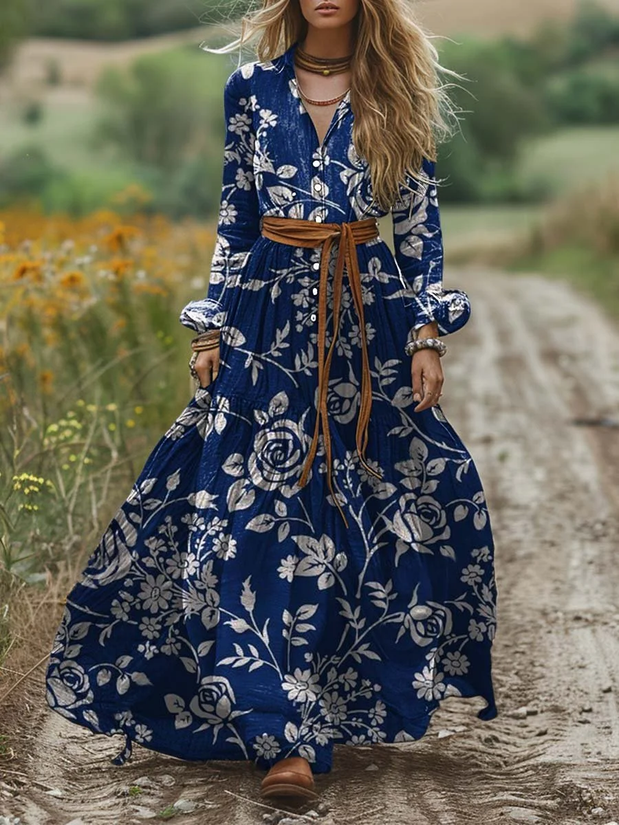 Women's Vintage Shirt Collar Rose Print Long Sleeve Dress Pocket Cotton Dress