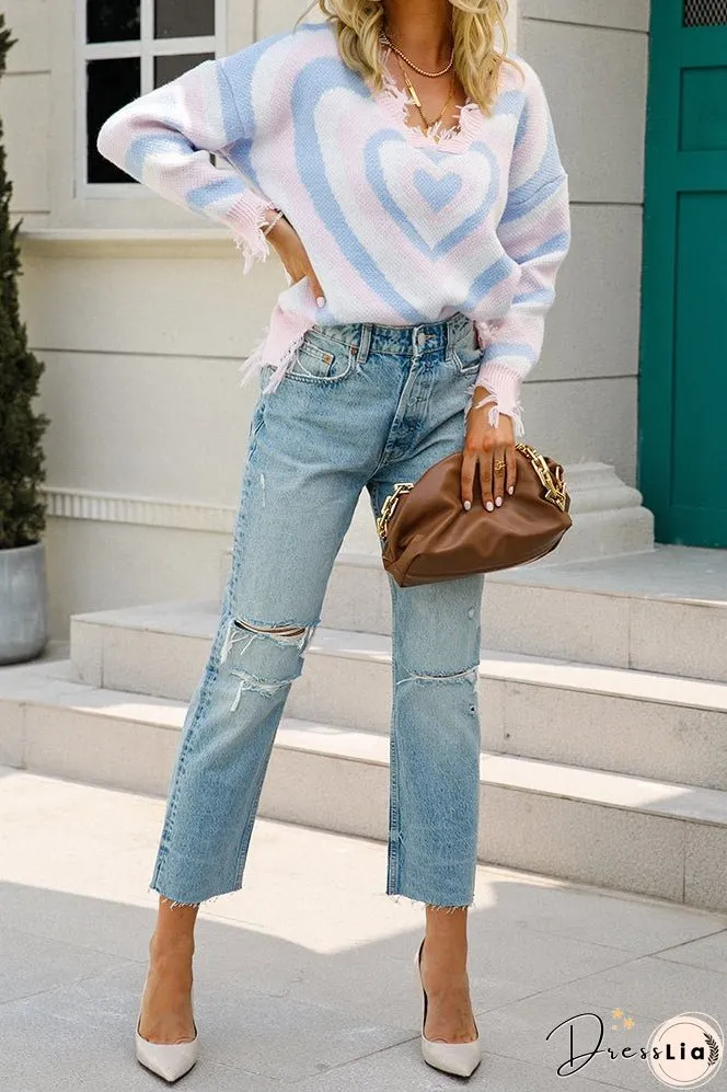 Ripped V Neck Multiple Heart Knit Pullover Sweaters