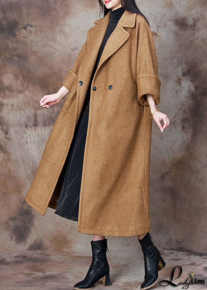 French Camel Notched Button Woolen Long Coat Winter
