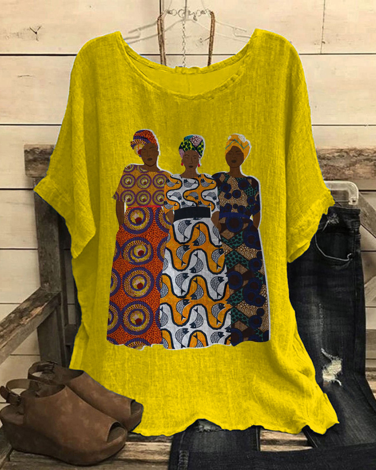 African Ethnic Ladys Print Short Sleeve Casual Linen Blend Tunic