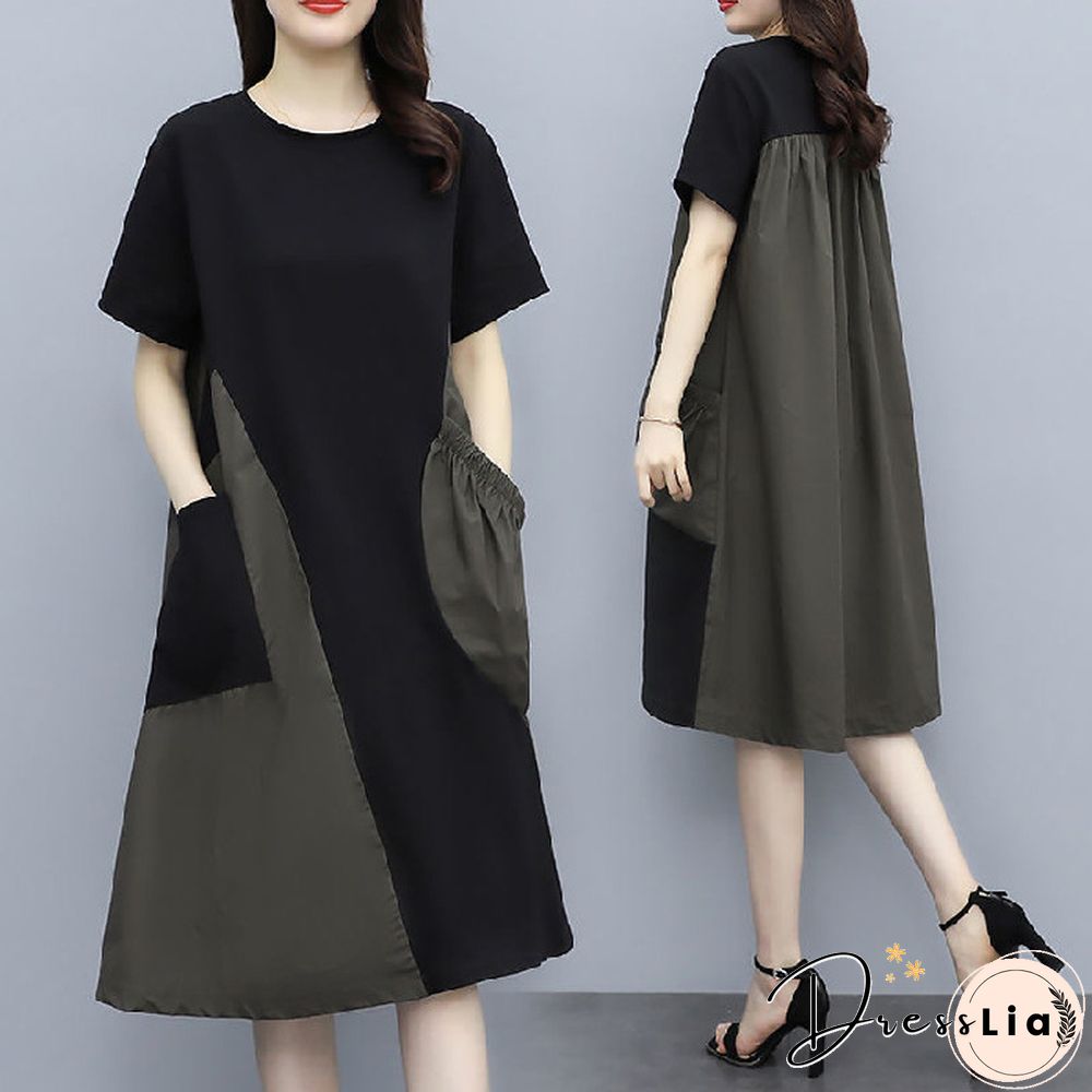 Contrast Stitching Dress In Long Large Size Loose Slim Belly Skirt
