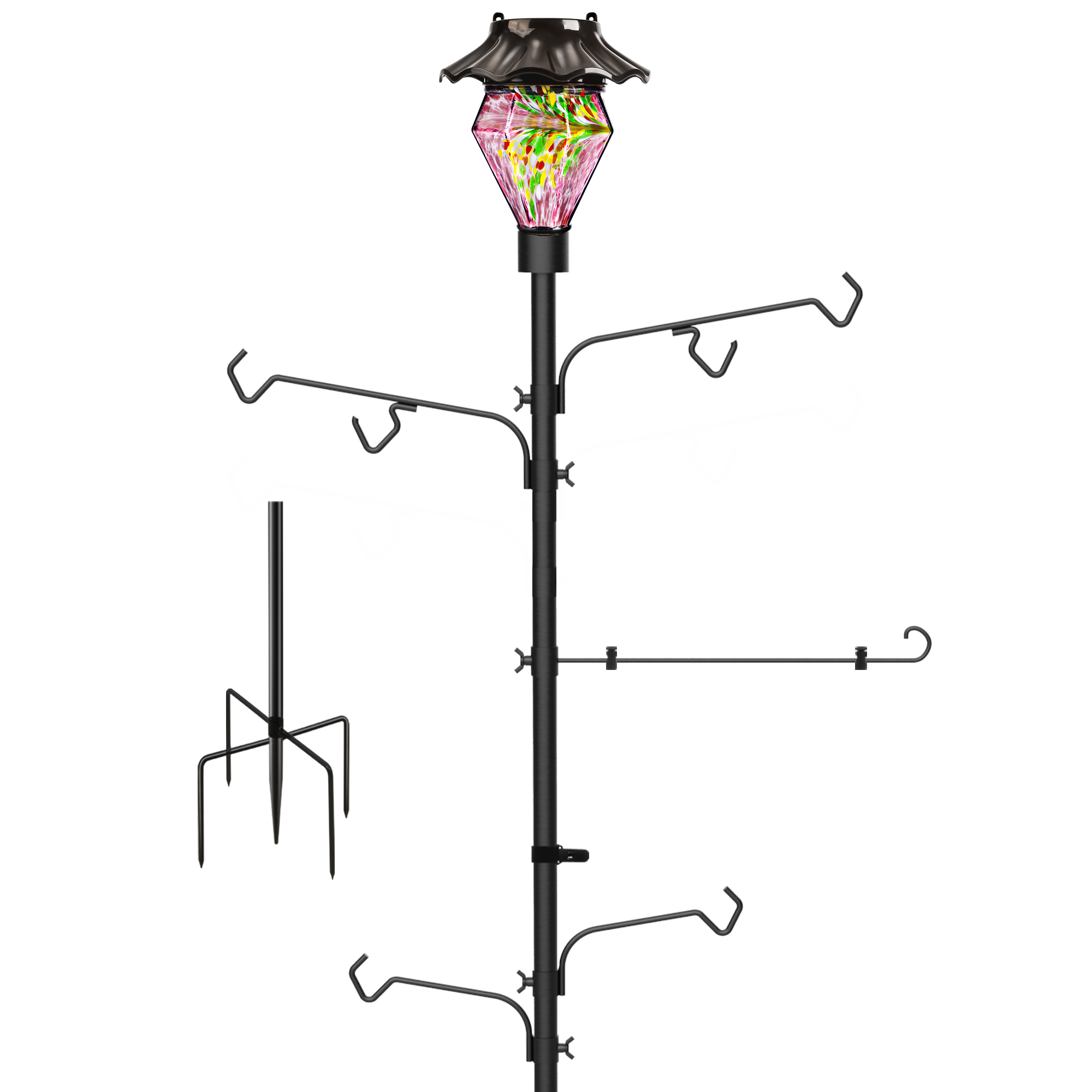LUJII Solar Shepherds Hooks for Outside, Hummingbird Feeder Feeder Stand with 4 Adjustable Hangers and 1 Flag Holder, Heavy Duty Tall Pole for Bird Feeders, Wind Chimes, Lanterns (Purple)