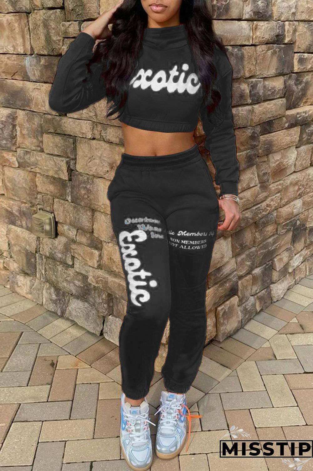 Black Fashion Casual Letter Print Basic Turtleneck Long Sleeve Two Pieces