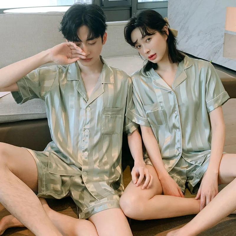 Stolskolb Short-sleeved Shorts Ice Silk Pajamas Men and Silk Satin Pajamas Set Long Sleeved Sleep Women Sleepwear Pijamas Couple Pajamas