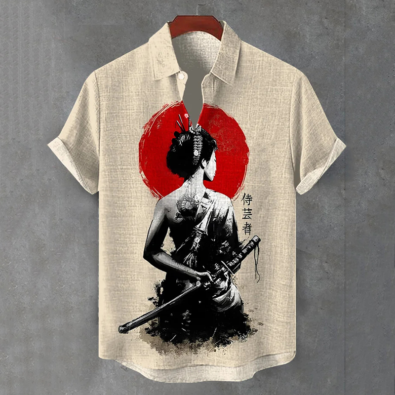 Men's Party Vibe Geisha Samurai Japanese Art Casual Short Sleeve Shirts