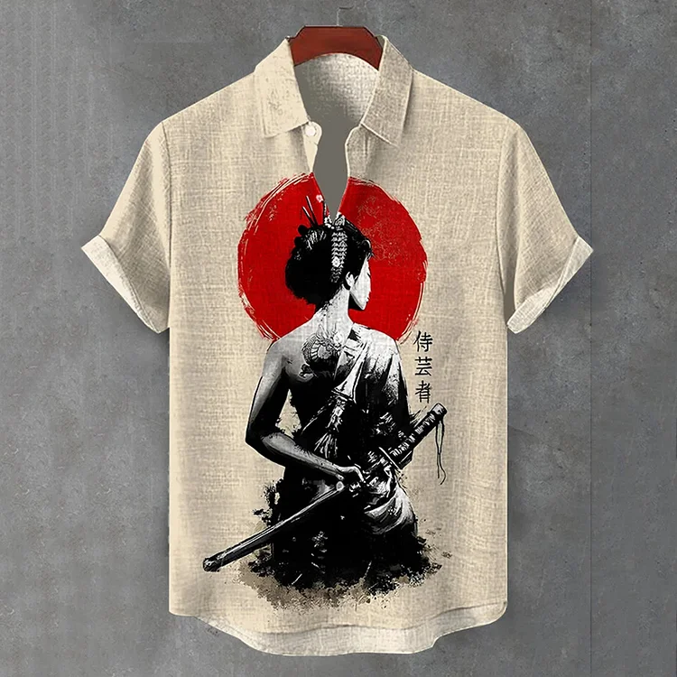 Men's Party Vibe Geisha Samurai Japanese Art Casual Short Sleeve Shirts