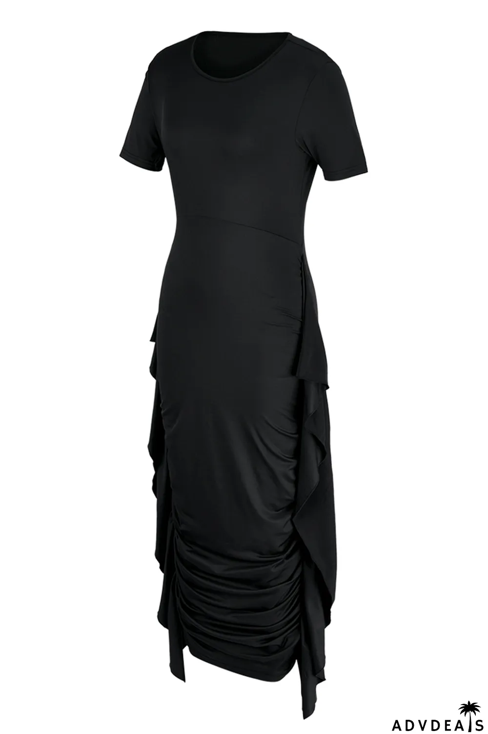 Brown Fashion Solid Flounce Fold O Neck Pencil Skirt Dresses